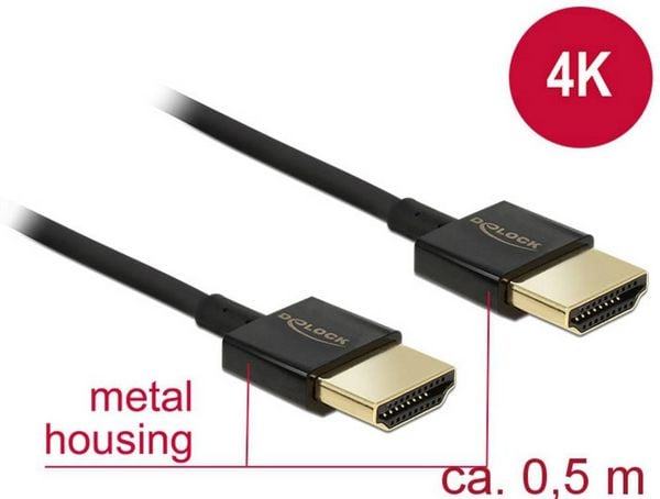 Produktbild: Delock HDMI Anschlusskabel HDMI-A Stecker, HDMI-A Stecker 0.50 m Schwarz 84786 4K UHD, vergoldete Steckkontakte HDMI-Kabel