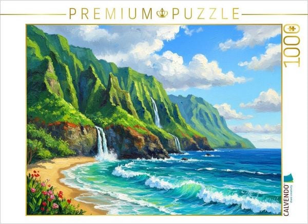 CALVENDO Puzzle Na Pali Coast USA mit Wasserfall und Meer | 1000 Teile Lege-Größe 64 × 48 cm Foto-Puzzle für glückliche Stunden