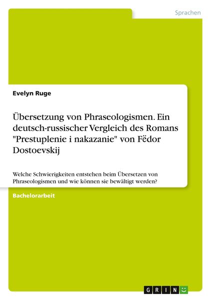 Produktbild: &Uuml;bersetzung von Phraseologismen. Ein deutsch-russischer Vergleich des Romans "Prestuplenie i nakazanie" von F&iquest;dor Dostoevskij