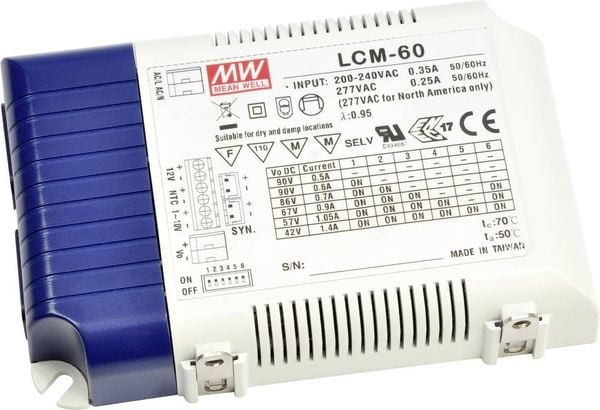 Mean Well LCM-60 LED-Treiber Konstantstrom 60 W 0.5 - 4.4 A 2 - 90 V/DC PFC-Schaltkreis, Überlastschutz, dimmbar 1 St.