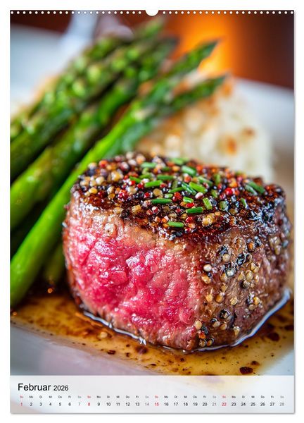 Produktbild: Saftiges Fleisch - Steaks f&uuml;r Genie&szlig;er und Fleischliebhaber (hochwertiger Premium Wandkalender 2026 DIN A2 hoch), Kunstdruck in Hochglanz