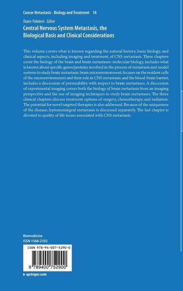 Produktbild: Central Nervous System Metastasis, the Biological Basis and Clinical Considerations