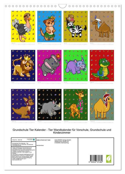 Produktbild: Grundschule Tier Kalender - Tier Wandkalender f&uuml;r Vorschule, Grundschule und Kinderzimmer (Wandkalender 2026 DIN A3 hoch), CALVENDO Monatskalender
