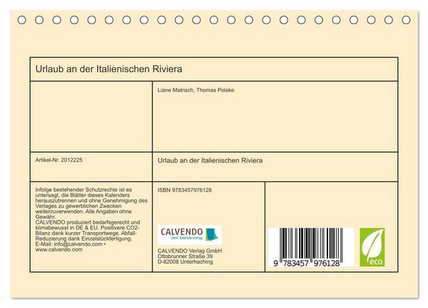 Produktbild: Urlaub an der Italienischen Riviera (Tischkalender 2026 DIN A5 quer), CALVENDO Monatskalender