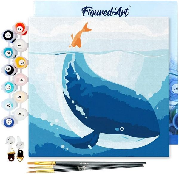 Produktbild: FiguredArt SFA059-Y - Mini Malen nach Zahlen, Blauwal, Leinwand-Keilrahmen 20x20cm, DIY Bastelset, Paint by Numbers