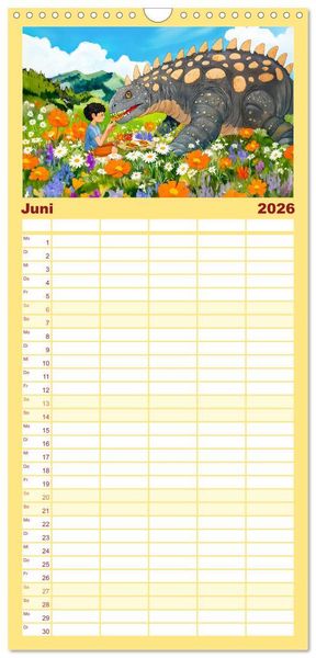 Produktbild: Familienplaner 2026 - Abenteuer mit Dinosauriern - Tolle Dino-Freunde f&uuml;r das Jahr mit 5 Spalten (Wandkalender, 21 x 45 cm) CALVENDO