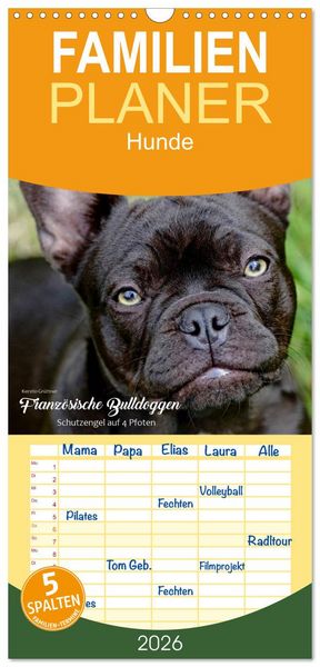 Produktbild: Familienplaner 2026 - Franz&ouml;sische Bulldoggen - Schutzengel auf 4 Pfoten mit 5 Spalten (Wandkalender, 21 x 45 cm) CALVENDO