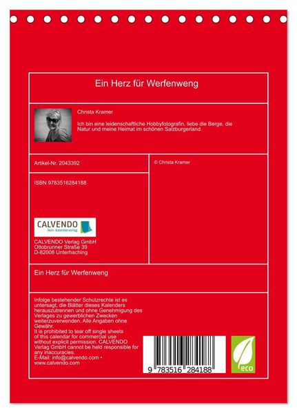 Produktbild: Ein Herz f&uuml;r Werfenweng (Tischkalender 2026 DIN A5 hoch), CALVENDO Monatskalender