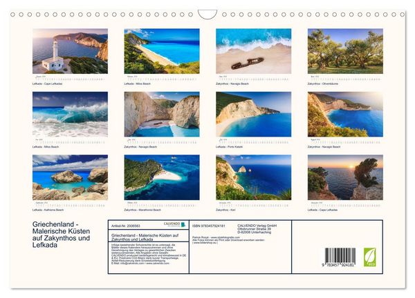 Produktbild: Griechenland - Malerische K&uuml;sten auf Zakynthos und Lefkada (Wandkalender 2026 DIN A3 quer), CALVENDO Monatskalender