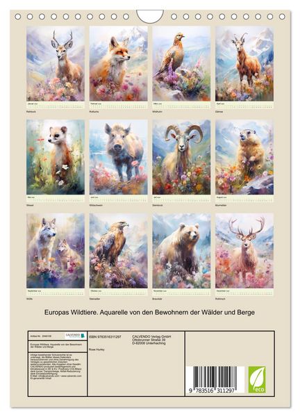 Produktbild: Europas Wildtiere. Aquarelle von den Bewohnern der W&auml;lder und Berge (Wandkalender 2026 DIN A4 hoch), CALVENDO Monatskalender