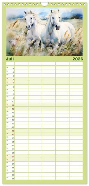 Produktbild: Familienplaner 2026 - Anmutige Schimmel. &Auml;sthetik Aquarell-Pferde mit 5 Spalten (Wandkalender, 21 x 45 cm) CALVENDO