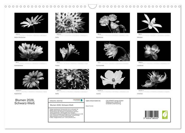 Produktbild: Blumen 2026, Schwarz-Wei&szlig; (Wandkalender 2026 DIN A3 quer), CALVENDO Monatskalender