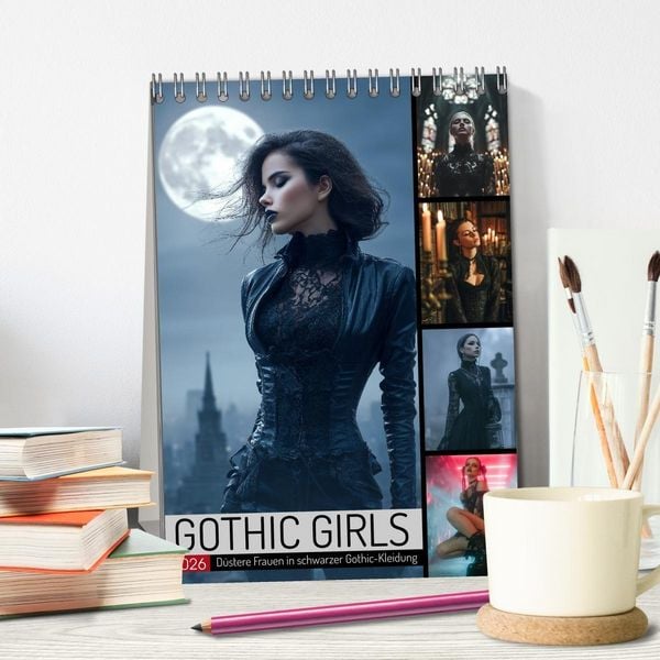 Produktbild: Gothic Girls - d&uuml;stere Frauen in schwarzer Gothic-Kleidung (Tischkalender 2026 DIN A5 hoch), CALVENDO Monatskalender