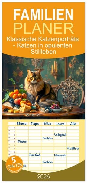 Produktbild: Familienplaner 2026 - Klassische Katzenportr&auml;ts - Katzen in opulenten Stillleben mit 5 Spalten (Wandkalender, 21 x 45 cm) CALVENDO