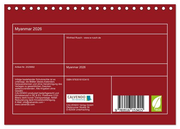 Produktbild: Myanmar 2026 (Tischkalender 2026 DIN A5 quer), CALVENDO Monatskalender