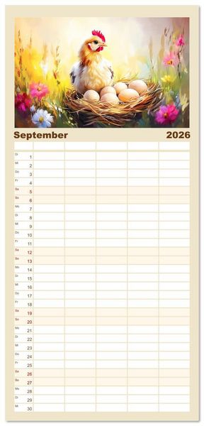 Produktbild: Familienplaner 2026 - Im Glanz der Federn. Sch&ouml;ne H&uuml;hner in malerischer Harmonie mit 5 Spalten (Wandkalender, 21 x 45 cm) CALVENDO