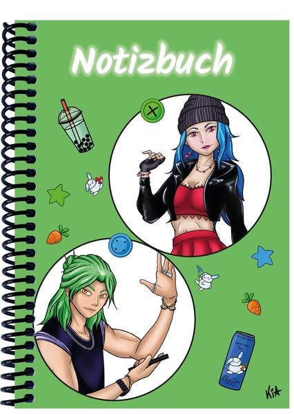 Produktbild: A 4 Notizbuch Manga Quinn und Enora, gr&uuml;n, kariert
