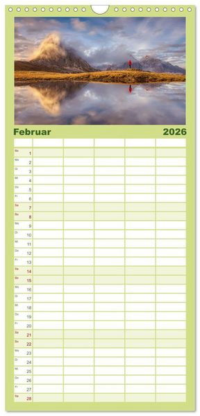 Produktbild: Familienplaner 2026 - Bergstille - Landschaften, die ber&uuml;hren mit 5 Spalten (Wandkalender, 21 x 45 cm) CALVENDO