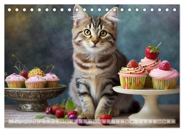 Produktbild: S&uuml;&szlig;e Naschkatzen - Pelzige Leckerm&auml;ulchen zwischen s&uuml;&szlig;en Desserts und Torten (Tischkalender 2026 DIN A5 quer), CALVENDO Monatskalender