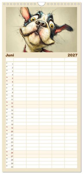 Produktbild: Familienplaner 2027 - Karikatur trifft Hund. Ein Blick auf charmante Vierbeiner mit 5 Spalten (Wandkalender, 21 x 45 cm) CALVENDO