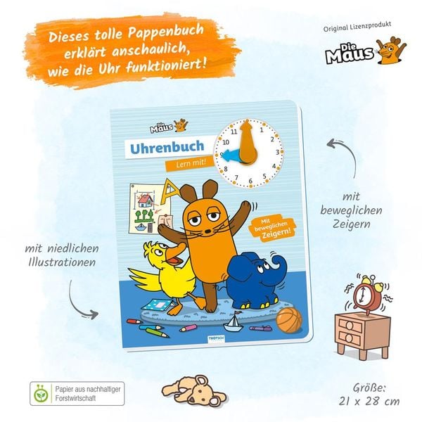 Produktbild: Tr&ouml;tsch Die Maus Uhrenbuch Lern mit! Pappenbuch