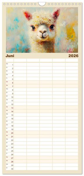 Produktbild: Familienplaner 2026 - Alpakas. Entz&uuml;ckende Paintings in duftigen Farben mit 5 Spalten (Wandkalender, 21 x 45 cm) CALVENDO