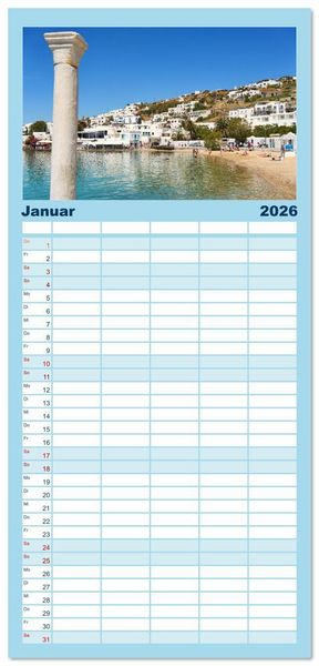 Produktbild: Familienplaner 2026 - Griechenland - Mykonos Kalender mit 5 Spalten (Wandkalender, 21 x 45 cm) CALVENDO