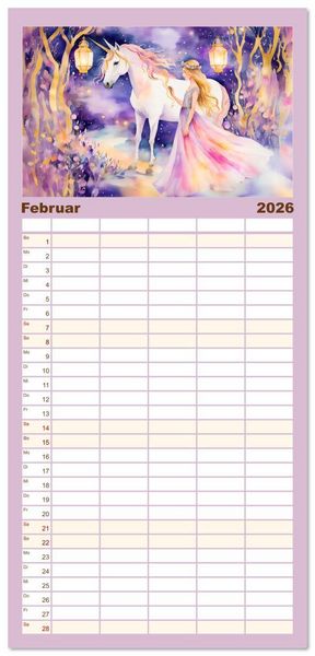 Produktbild: Familienplaner 2026 - Magische Einh&ouml;rner - Traumlandschaften unterm Regenbogen mit 5 Spalten (Wandkalender, 21 x 45 cm) CALVENDO