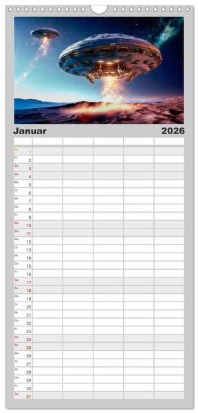 Produktbild: Familienplaner 2026 - Fliegende Untertasse - Die gro&szlig;e Fantasiereise mit 5 Spalten (Wandkalender, 21 x 45 cm) CALVENDO