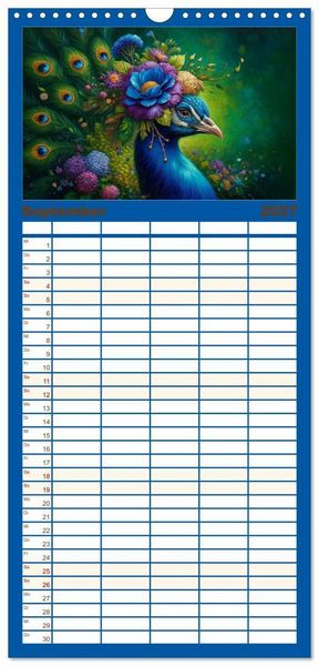 Produktbild: Familienplaner 2027 - Blumige Vogelportr&auml;ts mit 5 Spalten (Wandkalender, 21 x 45 cm) CALVENDO
