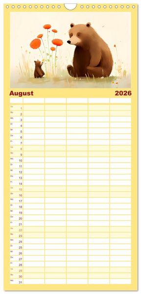 Produktbild: Familienplaner 2026 - B&auml;rige Illustrationen mit 5 Spalten (Wandkalender, 21 x 45 cm) CALVENDO