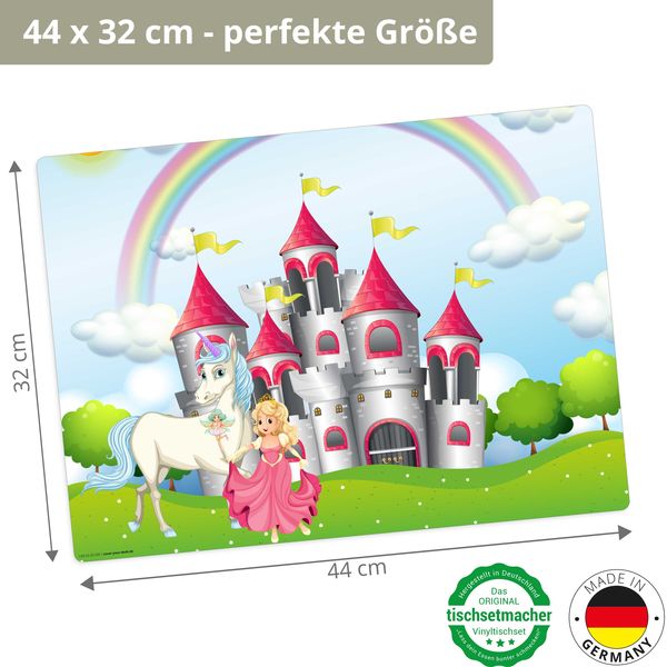 Produktbild: Tischsetmacher Tischset f&uuml;r Kinder M&auml;rchenschloss mit Einhorn und Prinzessin, aus hochwertigem Vinyl , 44 x 32 cm