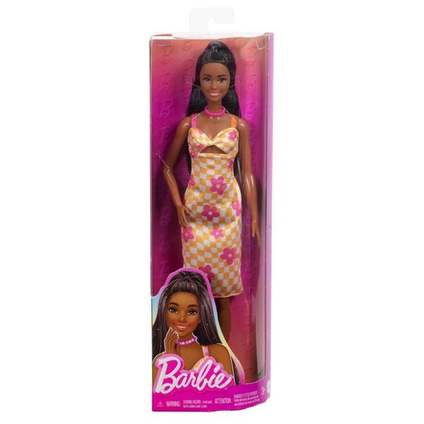 Produktbild: Barbie Fashionista Puppe im pink-orangenen Karokleid