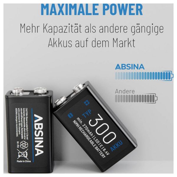 Produktbild: Absina 300 9V Block-Akku NiMH 270 mAh 8.4V 1St.