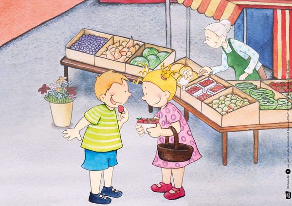 Produktbild: Auf dem Wochenmarkt mit Emma und Paul. Kamishibai Bildkartenset.