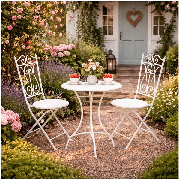 Produktbild: HTI-Living Bistro Sitzgruppe Metall Creme Tisch mit 2 St&uuml;hlen Balkon Set Gartenm&ouml;bel
