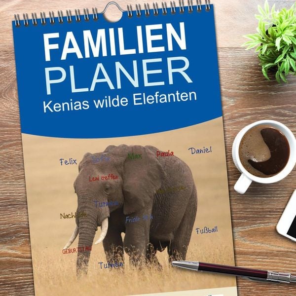 Produktbild: Familienplaner 2026 - Kenias wilde Elefanten mit 5 Spalten (Wandkalender, 21 x 45 cm) CALVENDO