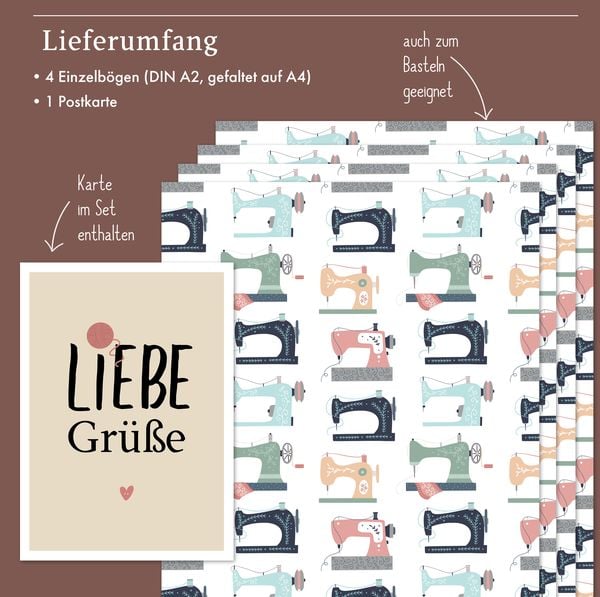 Produktbild: Geschenkpapier-Set: N&auml;hmaschinen, Stoff, Wolle, Stricken