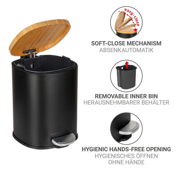 Produktbild: Kosmetikeimer Mod. Fianema, schwarz, 3L, Metall/Bambus, Easy-Close, mit herausnehmbarem