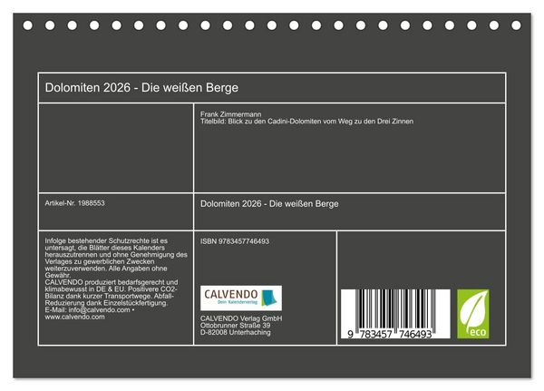 Produktbild: Dolomiten 2026 - Die wei&szlig;en Berge (Tischkalender 2026 DIN A5 quer), CALVENDO Monatskalender
