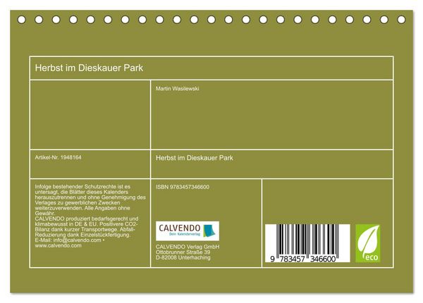 Produktbild: Herbst im Dieskauer Park (Tischkalender 2026 DIN A5 quer), CALVENDO Monatskalender