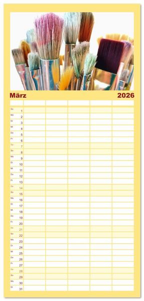 Produktbild: Familienplaner 2026 - Atelierimpressionen - Des K&uuml;nstlers Handwerkzeug im Portrait mit 5 Spalten (Wandkalender, 21 x 45 cm) CALVENDO
