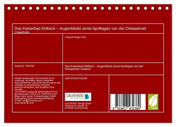 Produktbild: Das Kaiserbad Ahlbeck &ndash; Augenblicke eines Apriltages von der Ostseeinsel Usedom (Tischkalender 2026 DIN A5 quer), CALVENDO Monatskalender