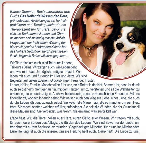 Produktbild: HEILMUSIK F&Uuml;R TIERE [444 Hertz & 111 Hertz]: Mit einer Tierbotschaft von Bianca Sommer im Booklet