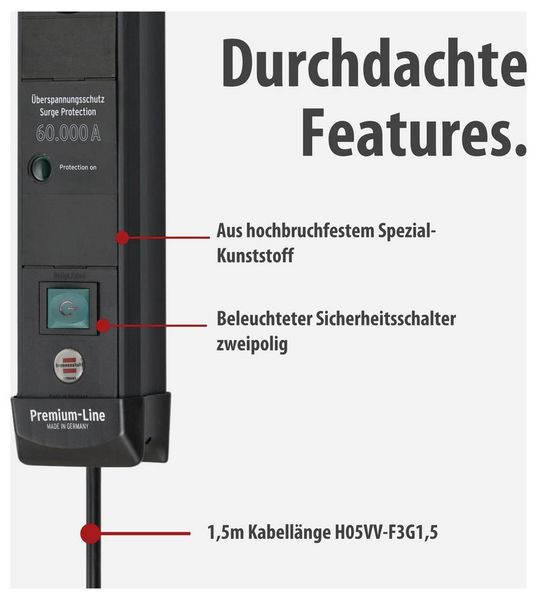 Produktbild: Brennenstuhl 1951140300 &Uuml;berspannungsschutz-Steckdosenleiste Schwarz Schutzkontakt 1 St.