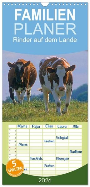 Produktbild: Familienplaner 2026 - Rinder auf dem Lande mit 5 Spalten (Wandkalender, 21 x 45 cm) CALVENDO