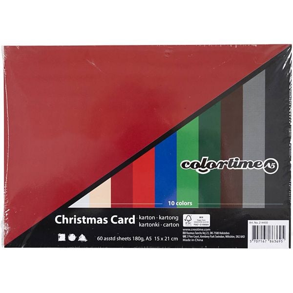 Produktbild: Creativ Company Weihnachts-Karton, A5, Blatt 150x210 mm, 180 g, sortierte Farben, 60 Blatt sortiert