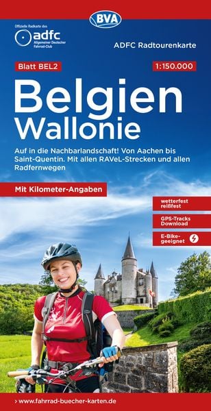 Produktbild: ADFC-Radtourenkarte BEL 2 Belgien Wallonie 1:150.000, reiß- und wetterfest, E-Bike geeignet, GPS-Tracks Download, mit Kilometer-Angaben