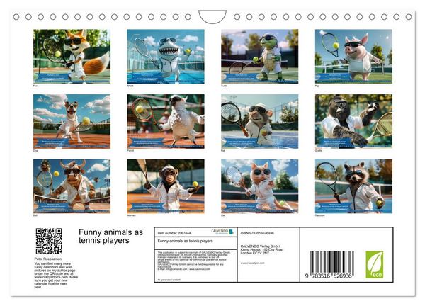 Produktbild: Funny animals as tennis players (Wall Calendar 2026 DIN A4 landscape), CALVENDO 12 Month Wall Calendar