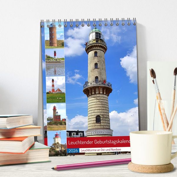 Produktbild: Leuchtender Geburtstagskalender - Leuchtt&uuml;rme an Ost-und Nordsee (Tischkalender 2026 DIN A5 hoch), CALVENDO Monatskalender